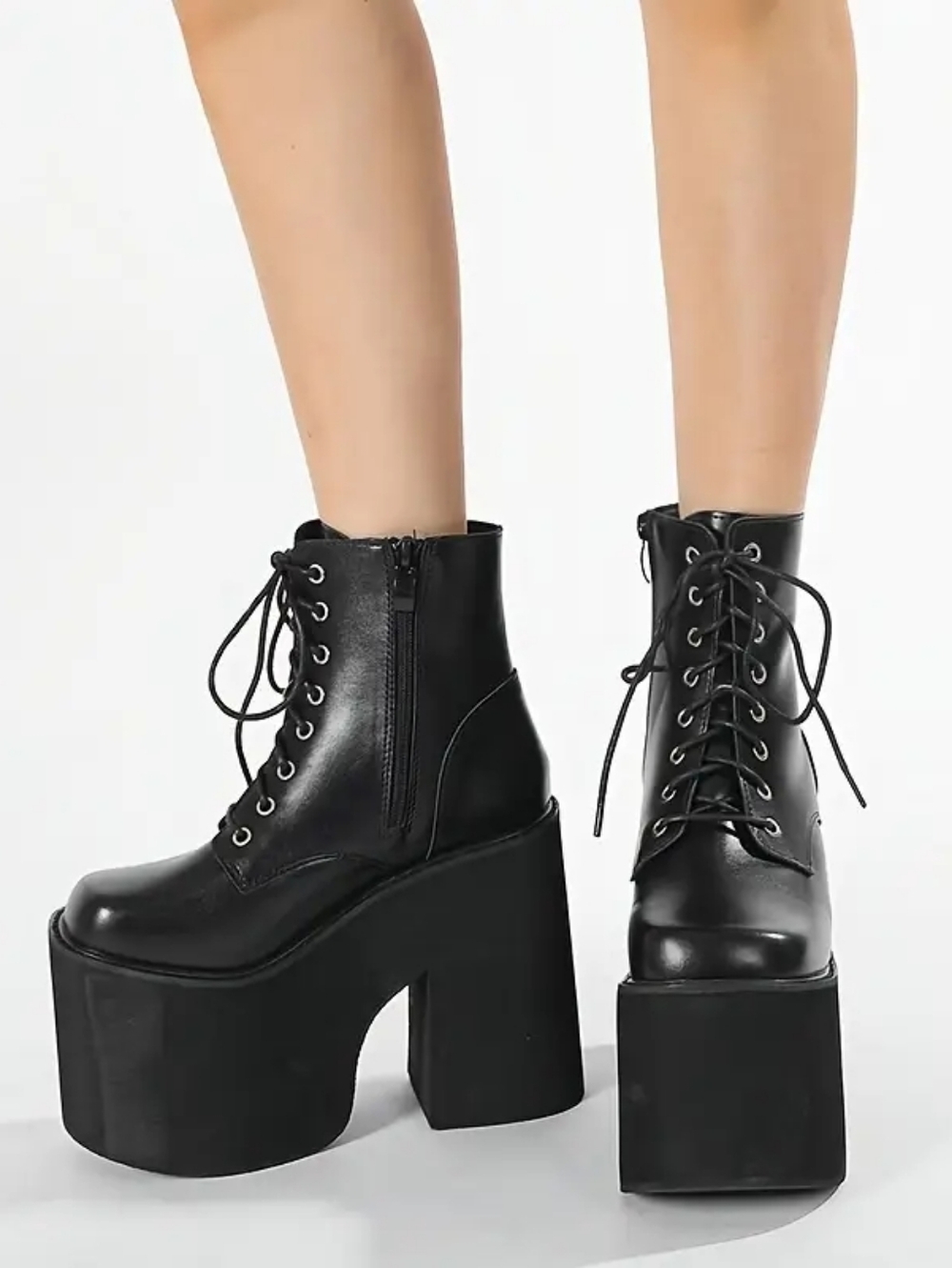 Platform Lace-Up Ankle Boots, Black